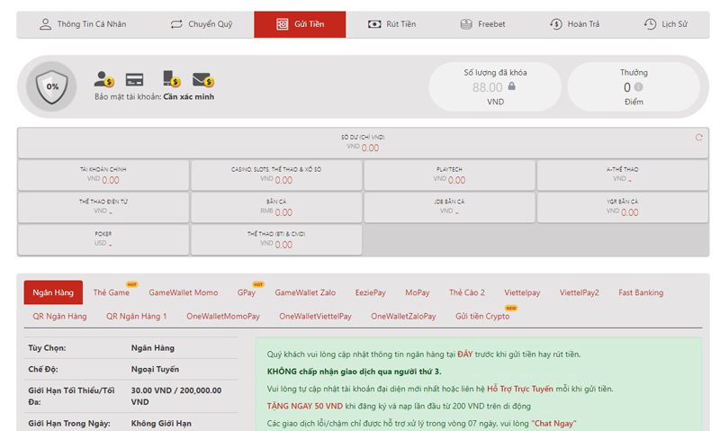 Nạp rút tiền tại sân chơi cực đơn giản nhanh chóng